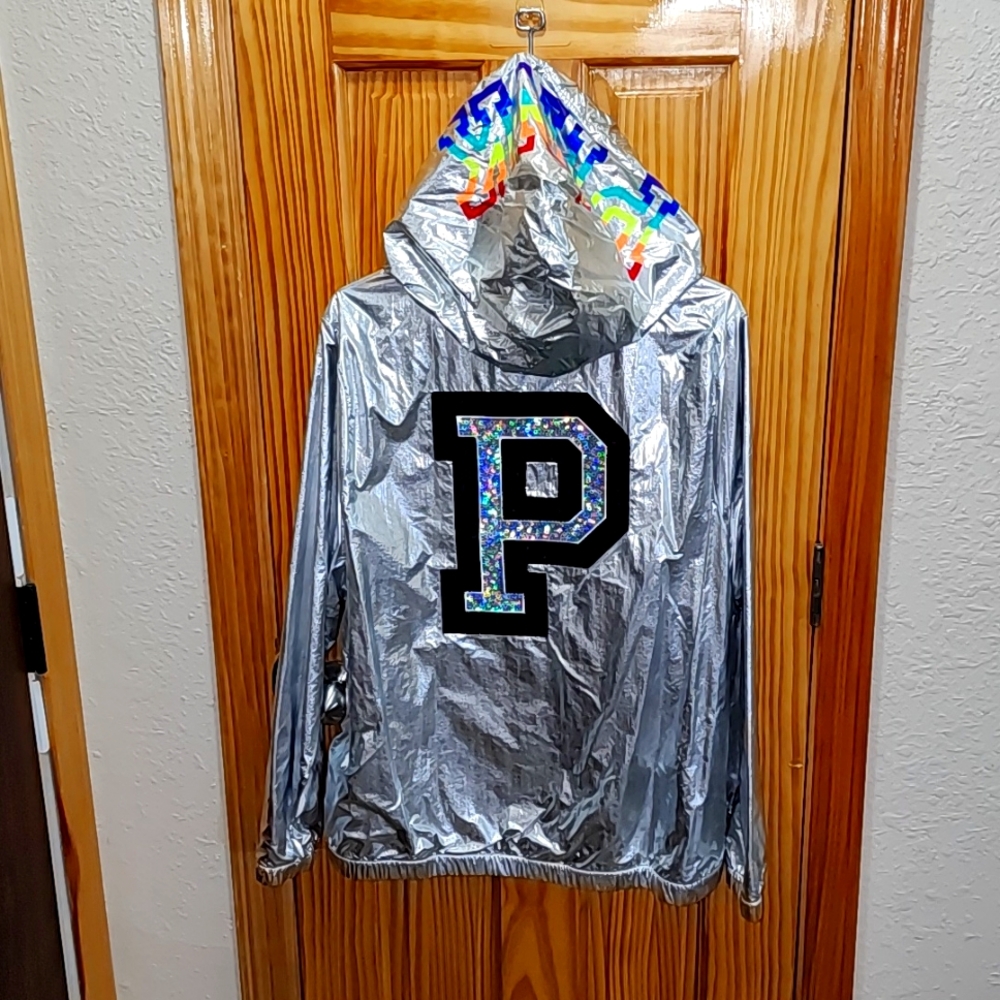 VS PINK- NWOT 2018 Silver Fashion Show Anorak With Bling and Rainbow Details M/L